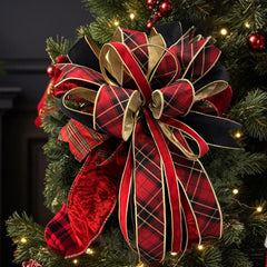 A grand bow crafted from LaRibbons Velvet Wired Ribbon (plaid & velvet textures, wired edges) adorns a Christmas tree, perfect for holiday décor and shaping elegant gifts.