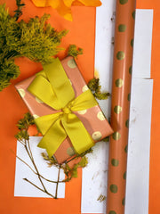 24" x 417' Wrapping Paper Half Ream | Orange w/ Metallic Gold Polka Dot