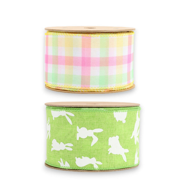 2 1/2" Bunny & Spring Plaid Wired Ribbon Bundle - 2 Rolls/20 Yards Total