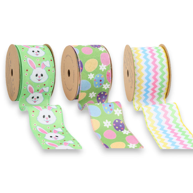 2.5" Easter Bunny/Egg/Chevron Wired Ribbon Bundle - 3 Rolls/30 Yards Total