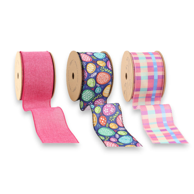 2.5" Pink Plaid & Easter Egg Wired Ribbon Bundle - 3 Rolls/30 Yards Total