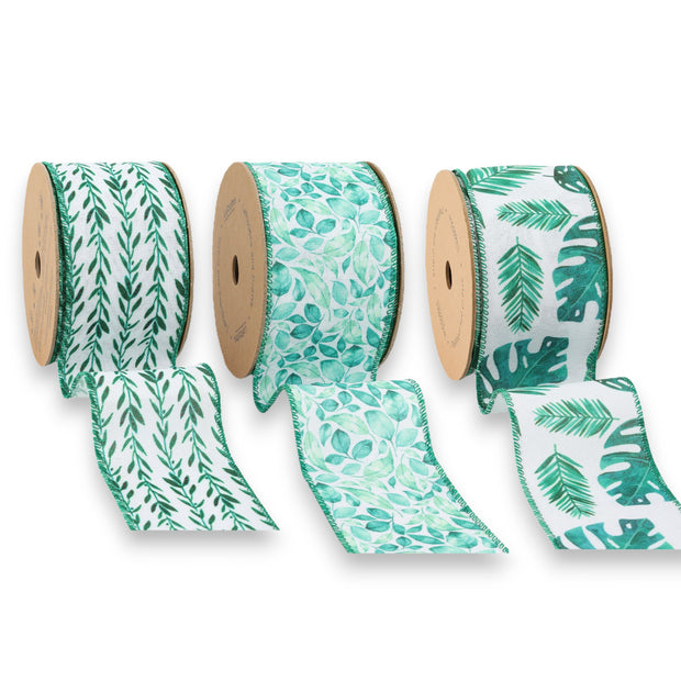 2.5" Tropical Vines/Monstera/Leaves Wired Ribbon Bundle - 3 Rolls/30 Yards Total