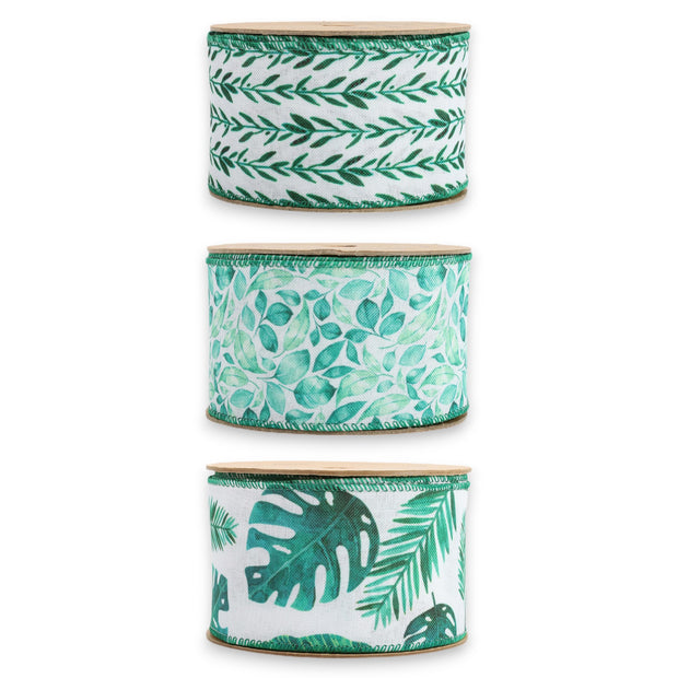2.5" Tropical Vines/Monstera/Leaves Wired Ribbon Bundle - 3 Rolls/30 Yards Total