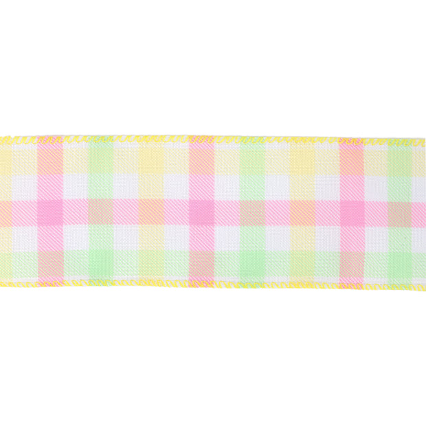 2 1/2" Wired Ribbon | White w/ Pastel Plaid Green/Yellow/Pink | 10 Yard Roll