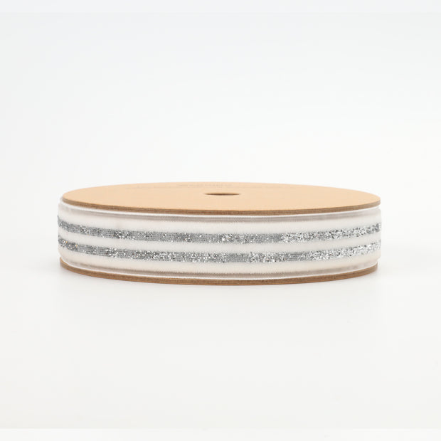 7/8" Striped Metallic Velvet Ribbon | White/Silver | 10 Yard Roll