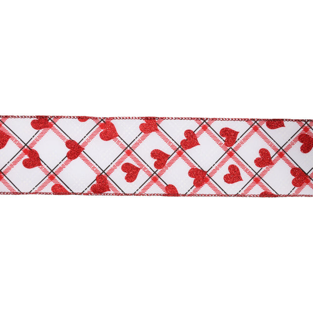 Wired Ribbon | White w/ Red Glitter Heart on Bias Plaid | 10 Yard Roll