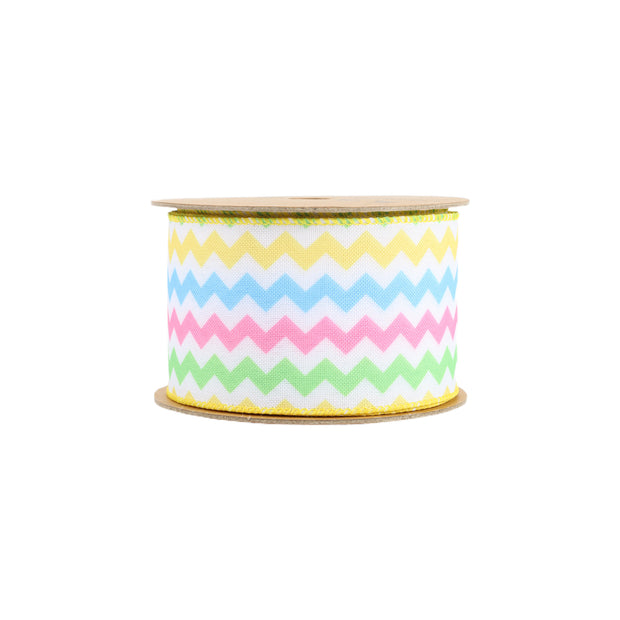 2 1/2" Wired Ribbon | White w/ Bright Ric Rac Green/Pink/Blue/Yellow | 10 Yard Roll