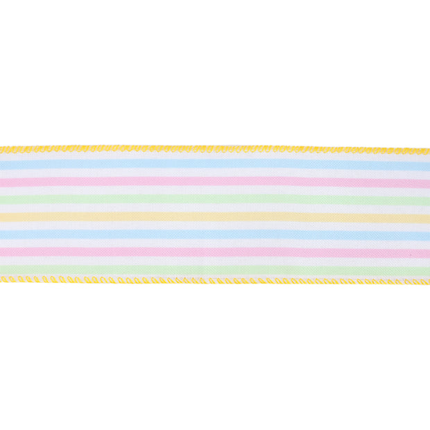 2 1/2" Wired Ribbon | White w/ Bright Railroaded Stripes Green/Pink/Blue/Yellow | 10 Yard Roll