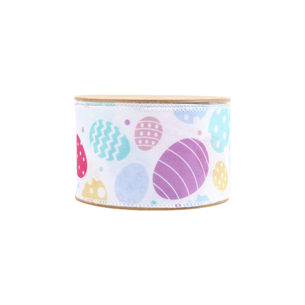 2 1/2 Wired Ribbon | White w/ Pastel Eggs | 10 Yard Roll