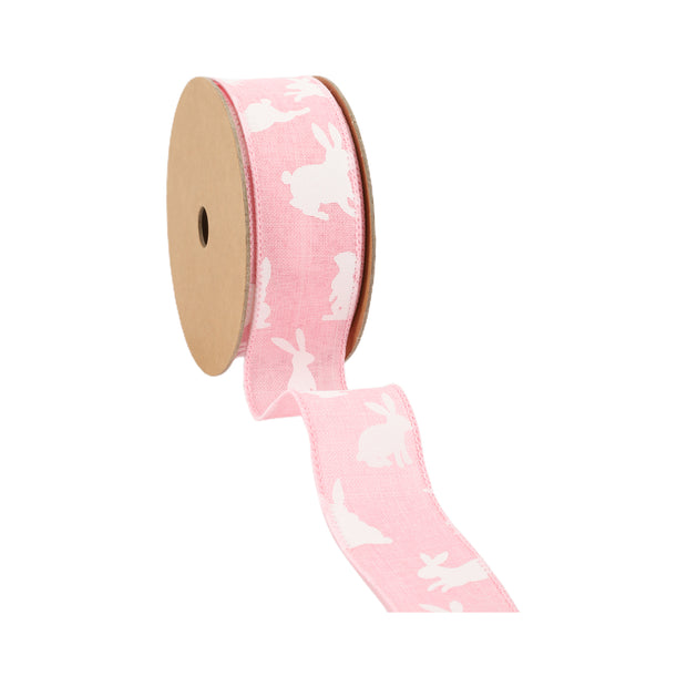 1 1/2" Wired Ribbon | Pink w/ White All Over Bunny | 10 Yard Roll