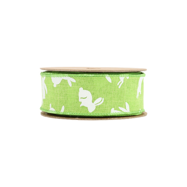 1 1/2" Wired Ribbon | Green w/ White All Over Bunny | 10 Yard Roll