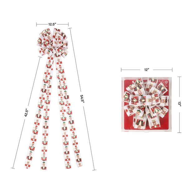 13" Decorative Christmas Tree Topper Bow (2.5" Wired Ribbon) | "Nutcracker" White/Multi