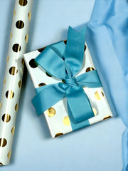 17" x 33' Mini Wrapping Paper | Blue w/ Gold Metallic Polka Dot