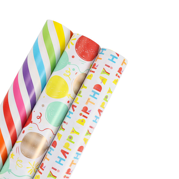 30" x 10' Birthday Wrapping Paper Bundle (3-pack) | Happy Birthday/ Balloons/Stripes