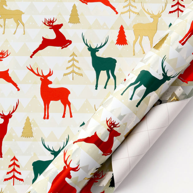 30" x 10' Holiday Wrapping Paper | Prancing Green/Red Reindeer
