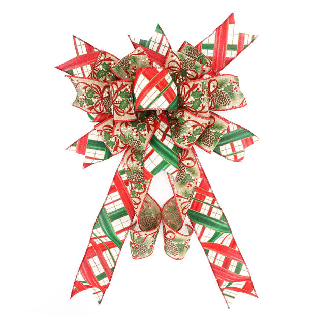 2 1/2" Wired Ribbon | "Glitter Pinecone Holly" Natural/Red Multi | 10 Yard Roll