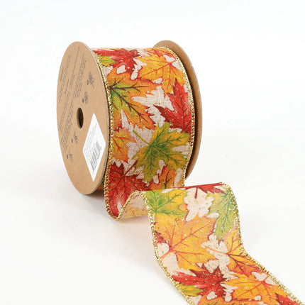 2 1/2" Wired Ribbon | "Maple Leaf" Natural/Multi | 10 Yard Roll LaRibbons and Crafts