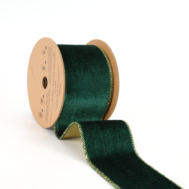 2 1/2" Reversible Velvet/Lurex Wired Ribbon | Green/Green | 10 Yard Roll