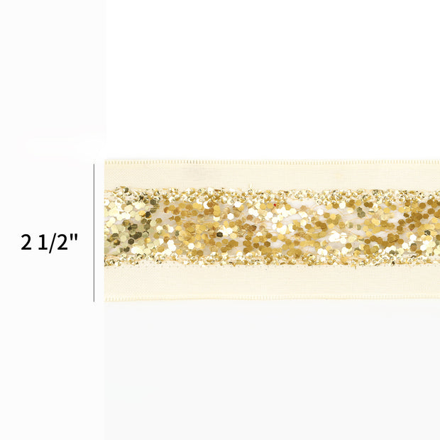 2 1/2" Wired Ribbon | "Metallic Striped" Ivory/Gold | 10 Yard Roll