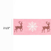 2 1/2" Holiday Wired Ribbon | "Reindeer/Snowflake" Pink/Natural | 10 Yard Roll