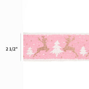 2 1/2" Holiday Wired Ribbon | "Reindeer/Tree" Pink/Natural | 10 Yard Roll
