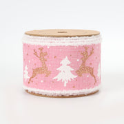 2 1/2" Holiday Wired Ribbon | "Reindeer/Tree" Pink/Natural | 10 Yard Roll