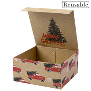 8" x 8" x 4" Collapsable Holiday Gift Box w/ 2-pcs White Tissue Paper & Magnetic Square Flap Lid | Red Truck And Christmas Tree