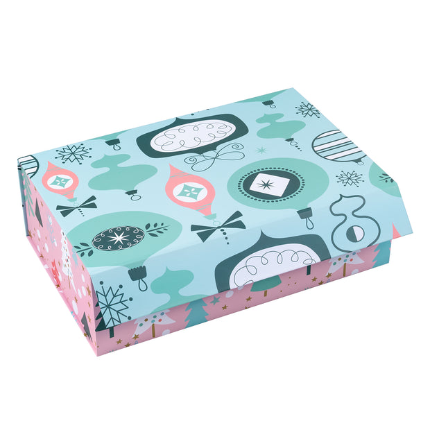 14" x 9" x 4.3" Collapsable Holiday Gift Box w/ 2-pcs White Tissue Paper & Magnetic Square Flap Lid | Pink And Blue Christmas Ornaments