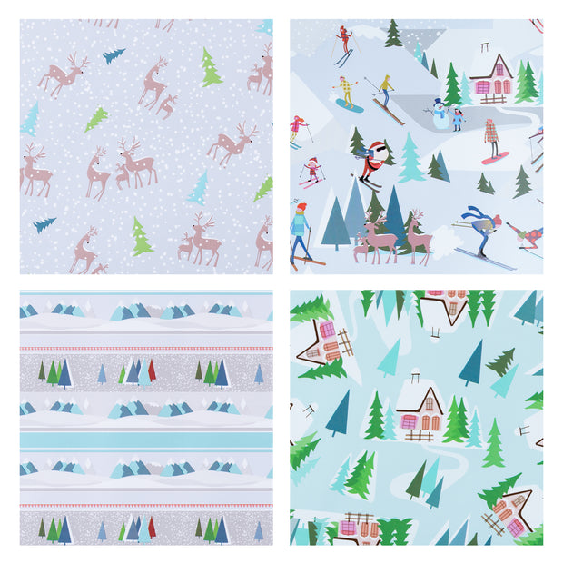 30" x 10' Wrapping Paper Bundle (4-pack) | Blue/Grey Reindeer Snow