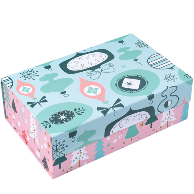 14" x 9" x 4.3" Collapsable Holiday Gift Box w/ 2-pcs White Tissue Paper & Magnetic Square Flap Lid | Pink And Blue Christmas Ornaments
