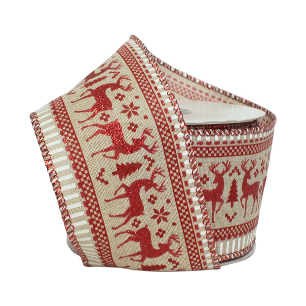 2 1/2" Wired Ribbon | "Reindeer" Natural/Red | 10 Yard Roll