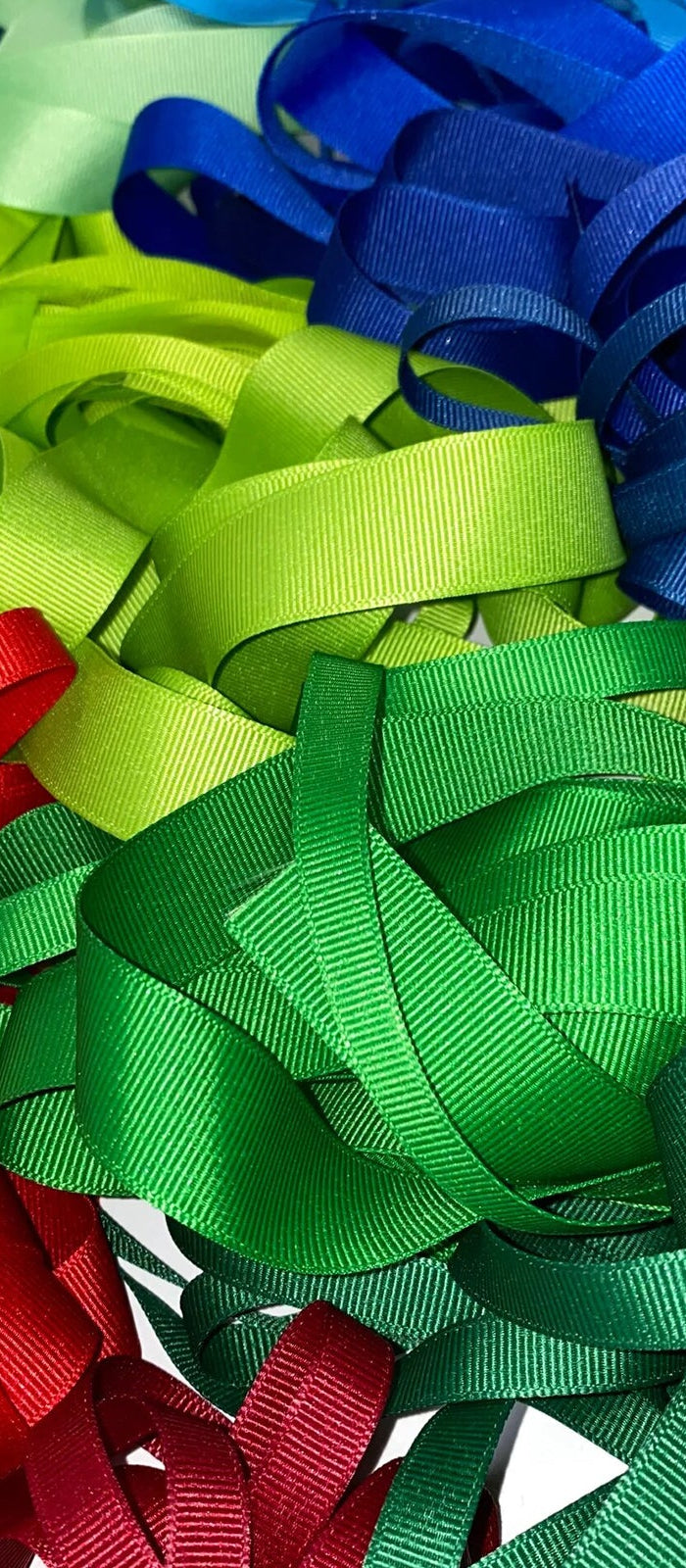 This is the Premium Textured Grosgrain Ribbon series, with stacks of grosgrain ribbons in vibrant colors and distinct ribbed texture, perfect for crafting and gift wrapping.