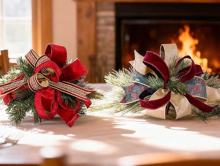 Colorful velvet ribbons on spools with gold edges, surrounded by Christmas ornaments like small trees and baubles, ideal for holiday crafting and decor