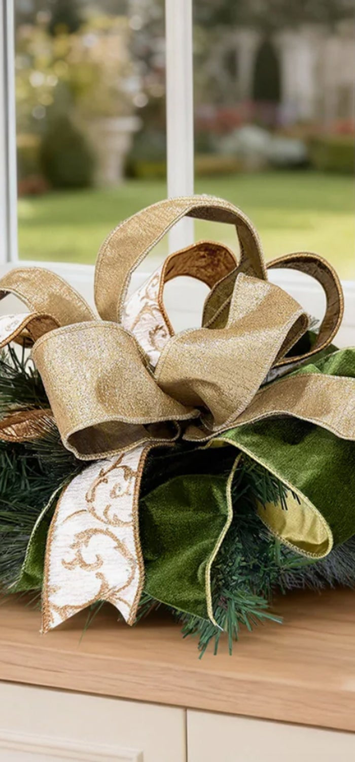 Christmas-themed ribbons (plaid, striped, candy cane - patterned) with a Christmas tree and festive ornaments in the background, ideal for holiday crafting and gift - wrapping
