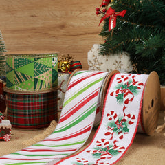 Christmas-themed ribbons (plaid, striped, candy cane - patterned) with a Christmas tree and festive ornaments in the background, ideal for holiday crafting and gift - wrapping