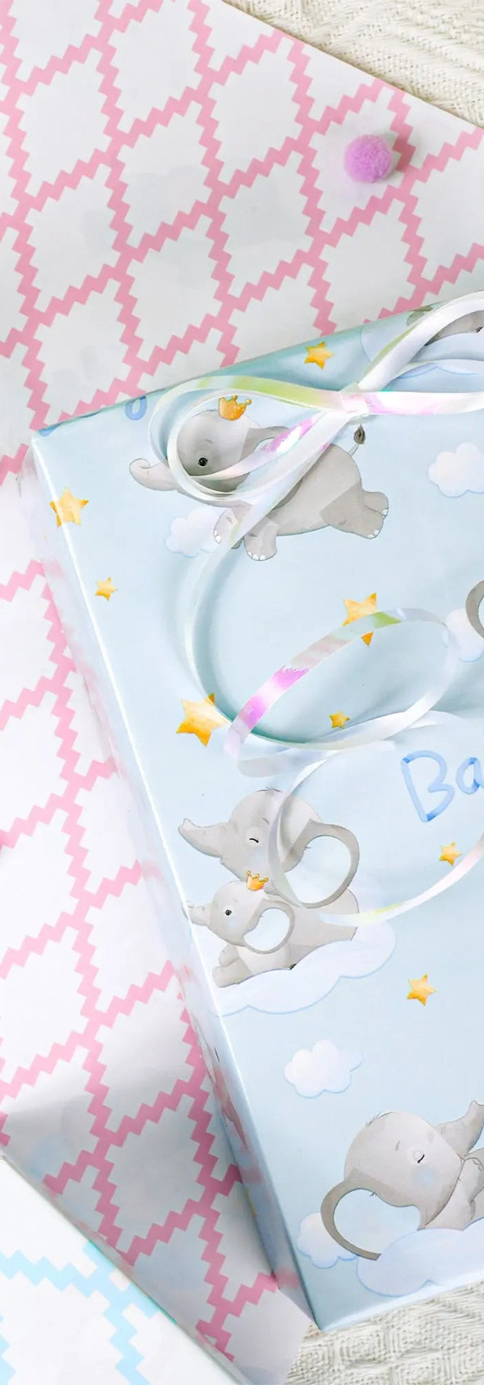 Baby shower gift: "Baby Boy" blue elephant reversible wrap (17"X33') + pink "Baby Girl" wrap 