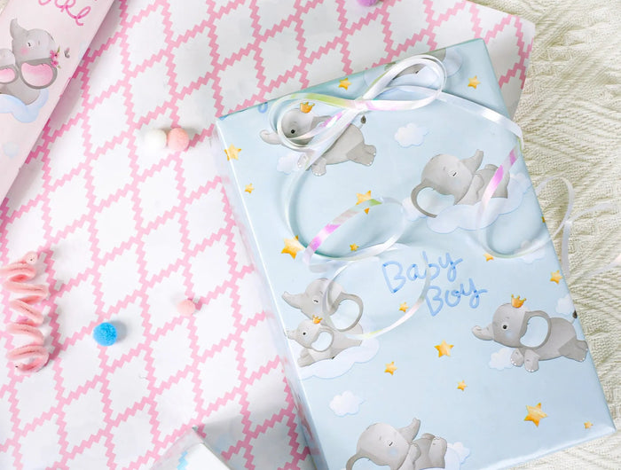 Baby shower gift: "Baby Boy" blue elephant reversible wrap (17"X33') + pink "Baby Girl" wrap 