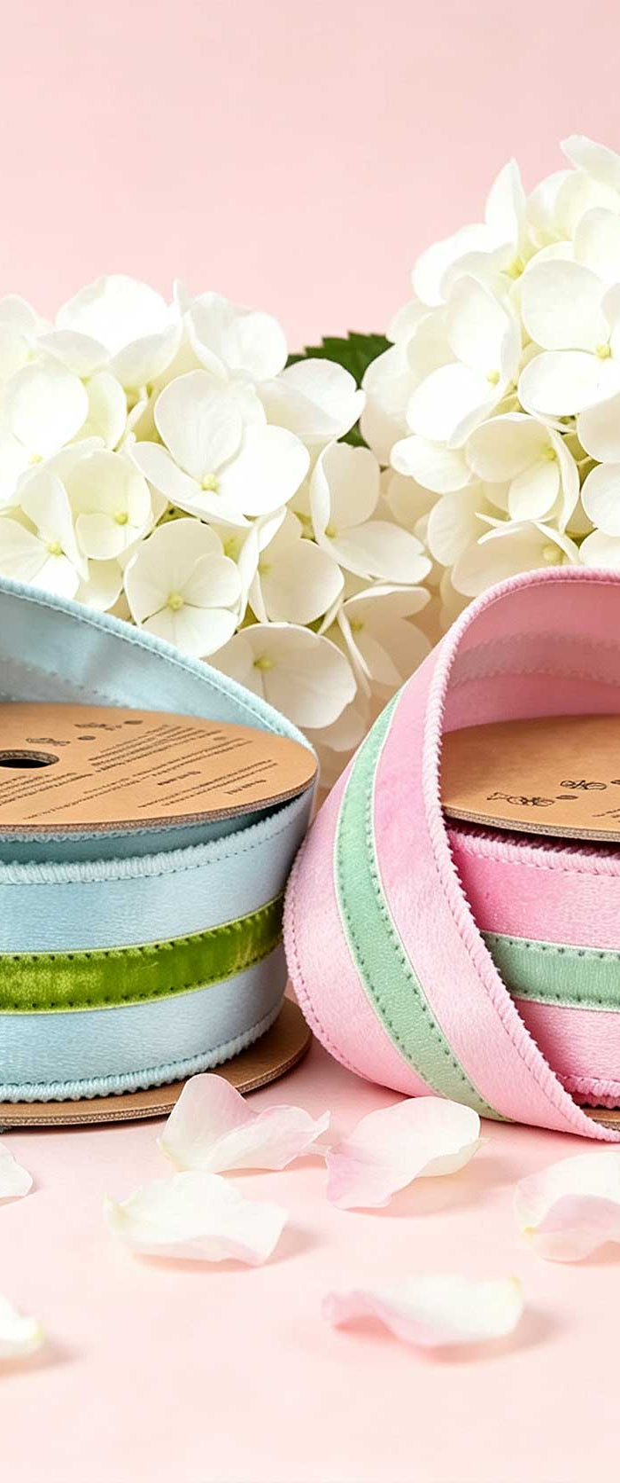 Velvet ribbon rolls (pink/teal/silver) with neat stitched edges – ideal for wedding/party decor crafts.