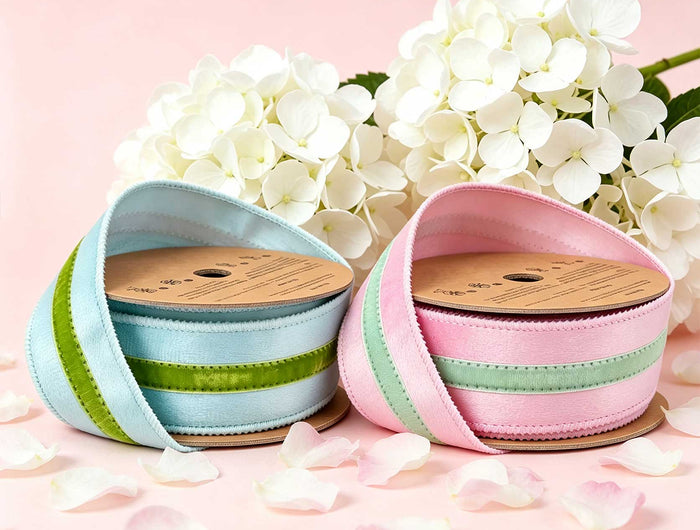Velvet ribbon rolls (pink/teal/silver) with neat stitched edges – ideal for wedding/party decor crafts.