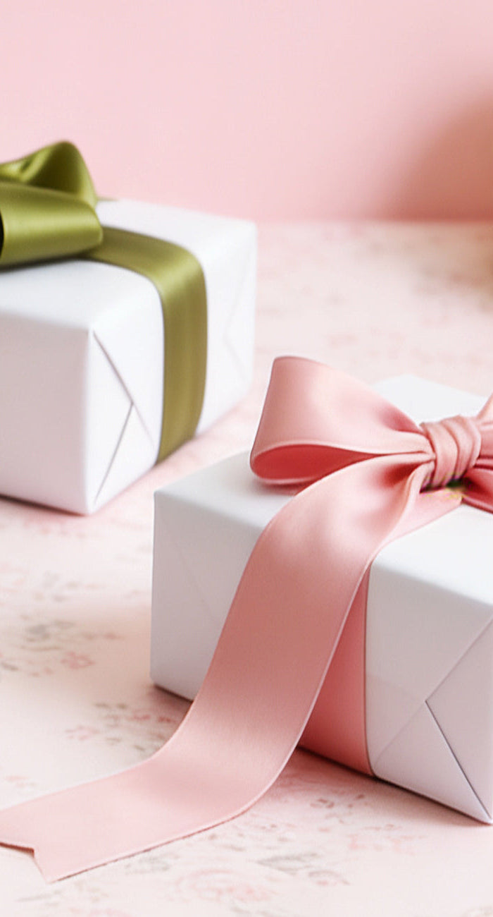 Pink single face satin ribbon (on white gift boxes) — smooth, ideal for gift wrapping & celebrations.