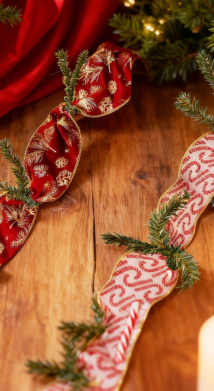 Garland with vibrant pink-green ribbons, greenery, and fairy lights, showcasing decorative appeal. Perfect for festive accents, reusable and easy to style for holiday decor. 丨 LaRibbons and Crafts