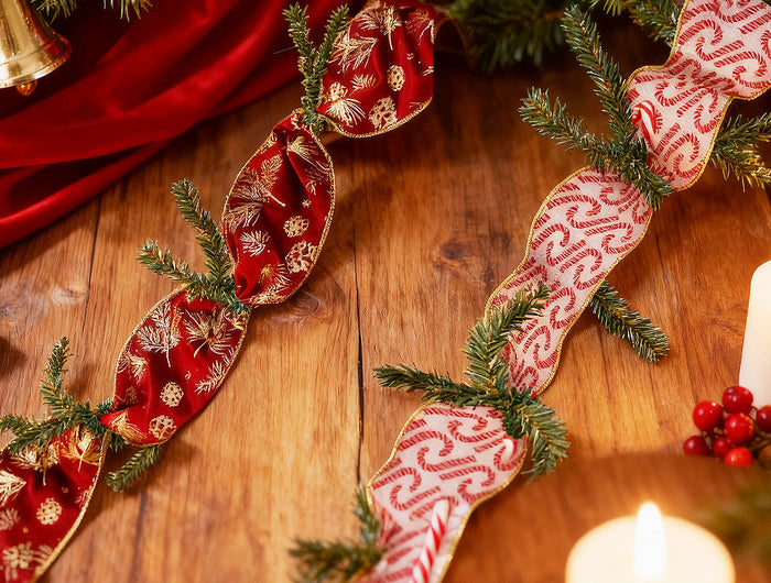 Garland with vibrant pink-green ribbons, greenery, and fairy lights, showcasing decorative appeal. Perfect for festive accents, reusable and easy to style for holiday decor. 丨 LaRibbons and Crafts