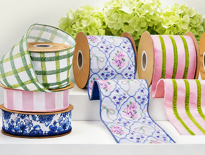 Spring Wired Ribbons display vibrant plaid and polka dot patterns. Ideal for spring floral arrangements, gift wrapping, crafts—wired construction enables easy shaping and durable, charming designs.