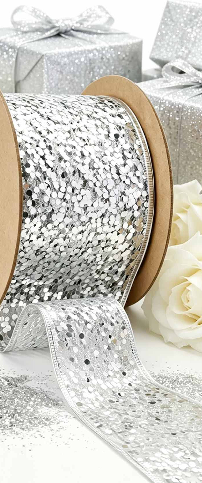 Beige sequined wired ribbon (rose gold/red sparkles) – ideal for Valentine’s decor, paired with rose petals & hearts.