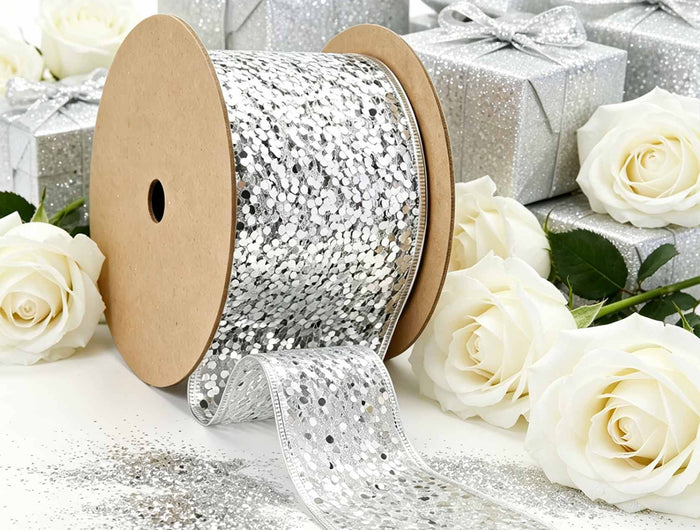 Beige sequined wired ribbon (rose gold/red sparkles) – ideal for Valentine’s decor, paired with rose petals & hearts.