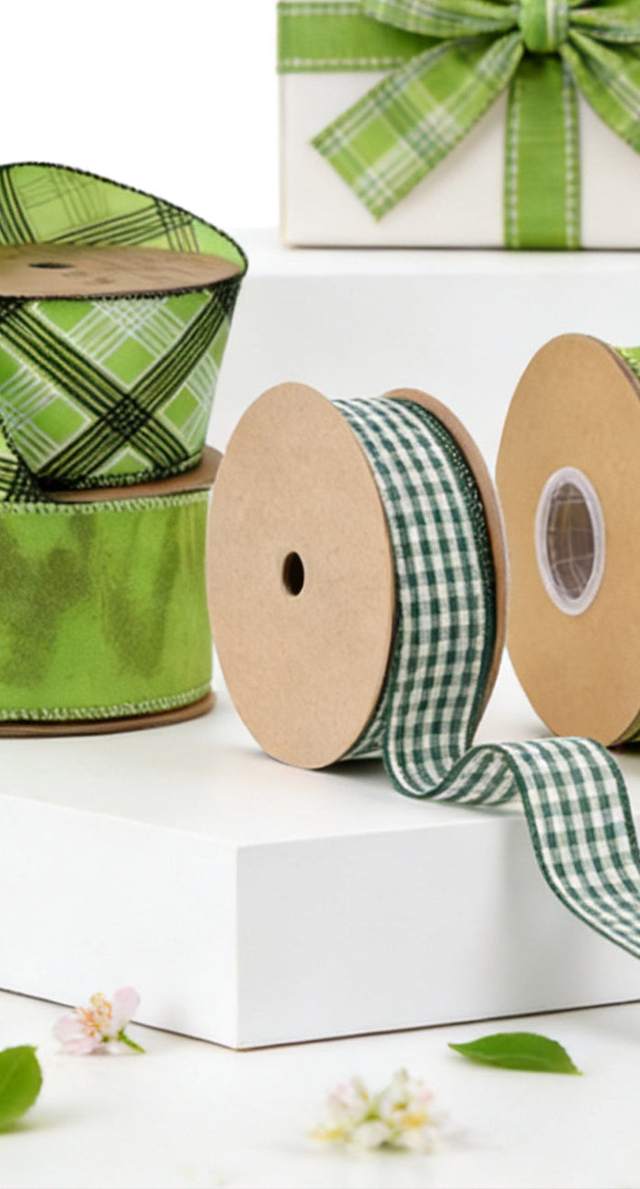 Emerald velvet & ivory-gold scroll wired ribbons, gold-trimmed, festive bows by Christmas tree—luxurious holiday charm.