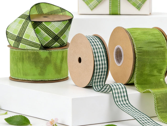 Emerald velvet & ivory-gold scroll wired ribbons, gold-trimmed, festive bows by Christmas tree—luxurious holiday charm.