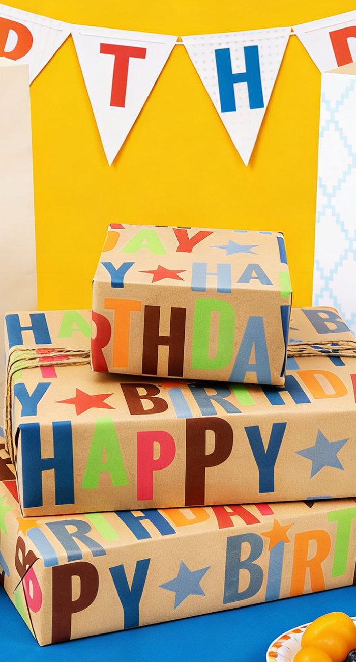Kraft wrapping paper (colorful "Happy Birthday"+stars) — sturdy, perfect for birthday gift wrapping.