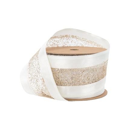 2 1/2" Wired Ribbon | Gold Mesh with White Satin Edge | 10 Yard Roll LaRibbons Wholesale