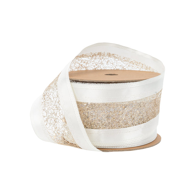 2 1/2" Wired Ribbon | Gold Mesh with White Satin Edge | 10 Yard Roll LaRibbons Wholesale